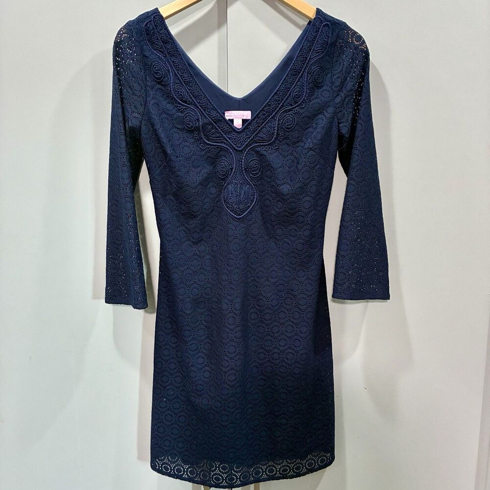Lilly Pulitzer Alden Navy Eyelet Lace Shift Dress Sm Bell Sleeve Resort Preppy - Picture 3 of 12